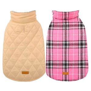 Kuoser Pink Plaid Reversible Quilted Cream Dog Jacket Coat - Size Medium